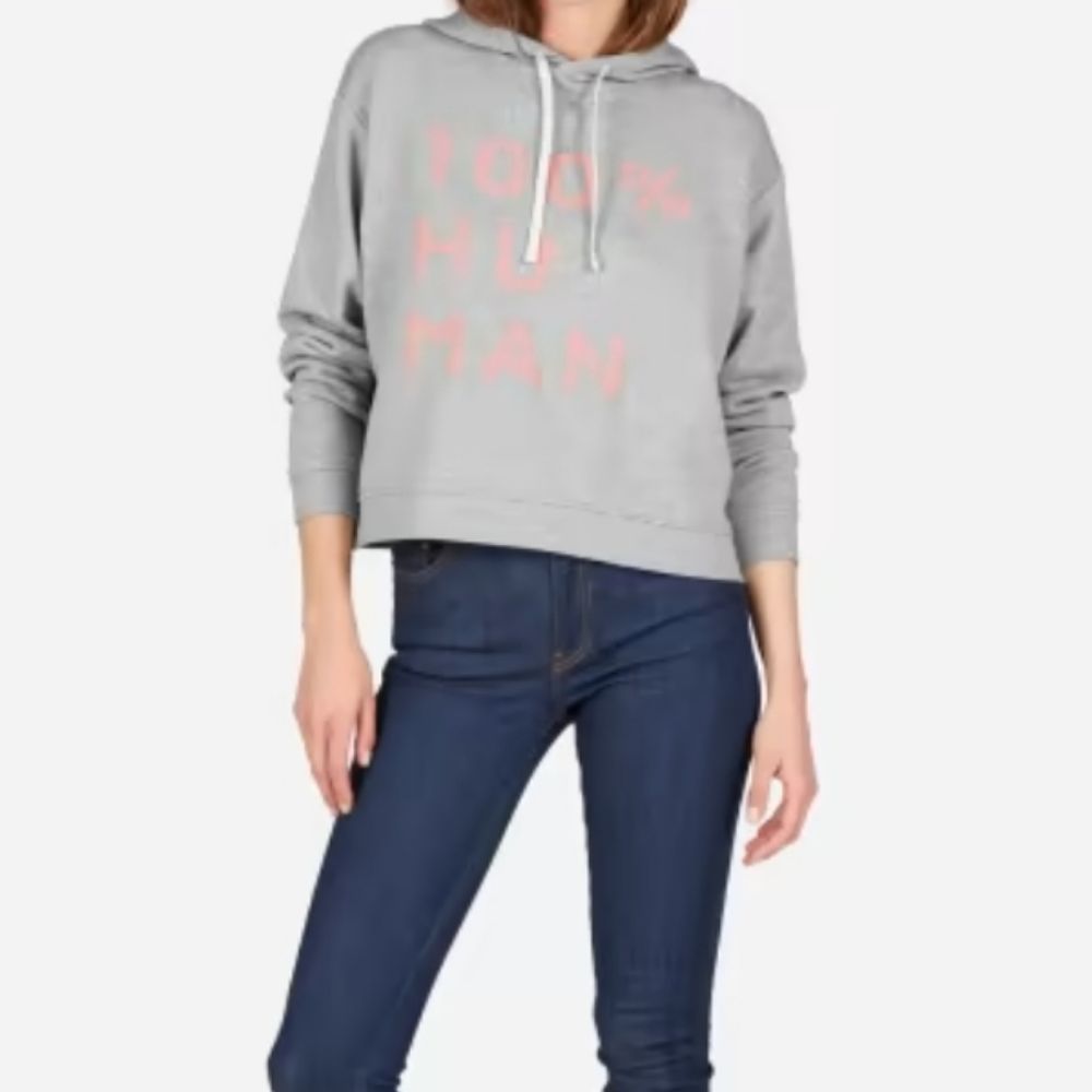 Everlane grey pink graphic  100% human typography hoodie sweatshirt size small